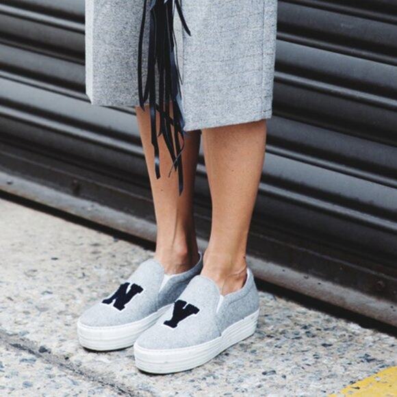 [Joshua Sanders] Gray Navy NY Felt Embroidered Slip On Platform Sneakers Size 10 - Picture 1 of 12